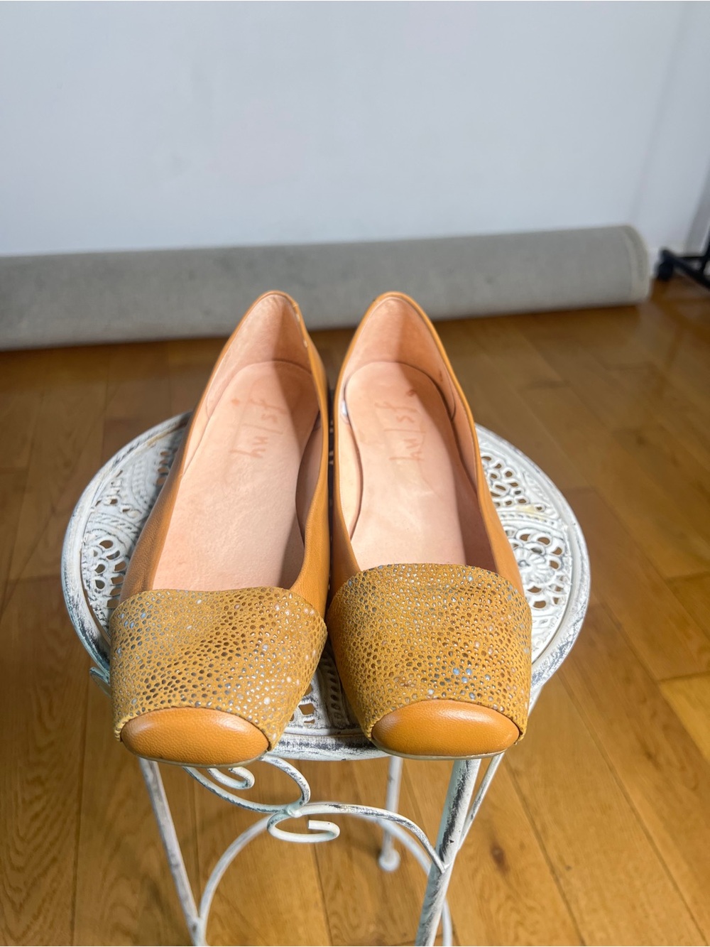 French Sole Mustard Tan Leather Ballet Flats with Textured Toe